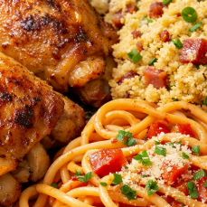 Marmitex bem servida. Sobrecoxa assada acompanhada de arroz soltinho, feijão, macarrão e farofa.