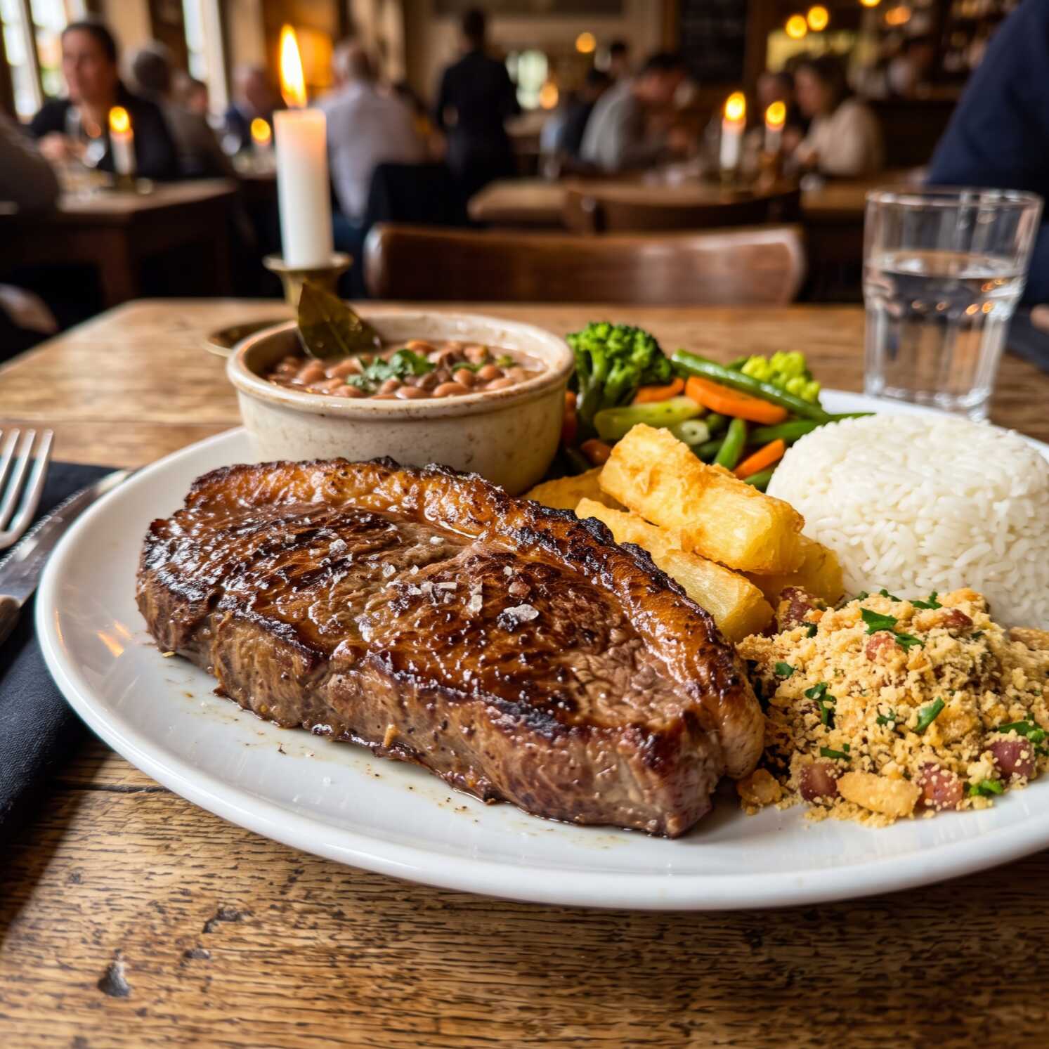 Picanha Angus na Brasa acompanhada de um arroz soltinho, feijão caseiro rico em sabor e uma farofa crocante que complementa cada garfada. Escolha entre Batatas fritas crocantes, mandioca frita dourada, mandioca cozida suave ou uma seleção de legumes frescos e cozidos no ponto ideal para uma refeição completa e deliciosa.