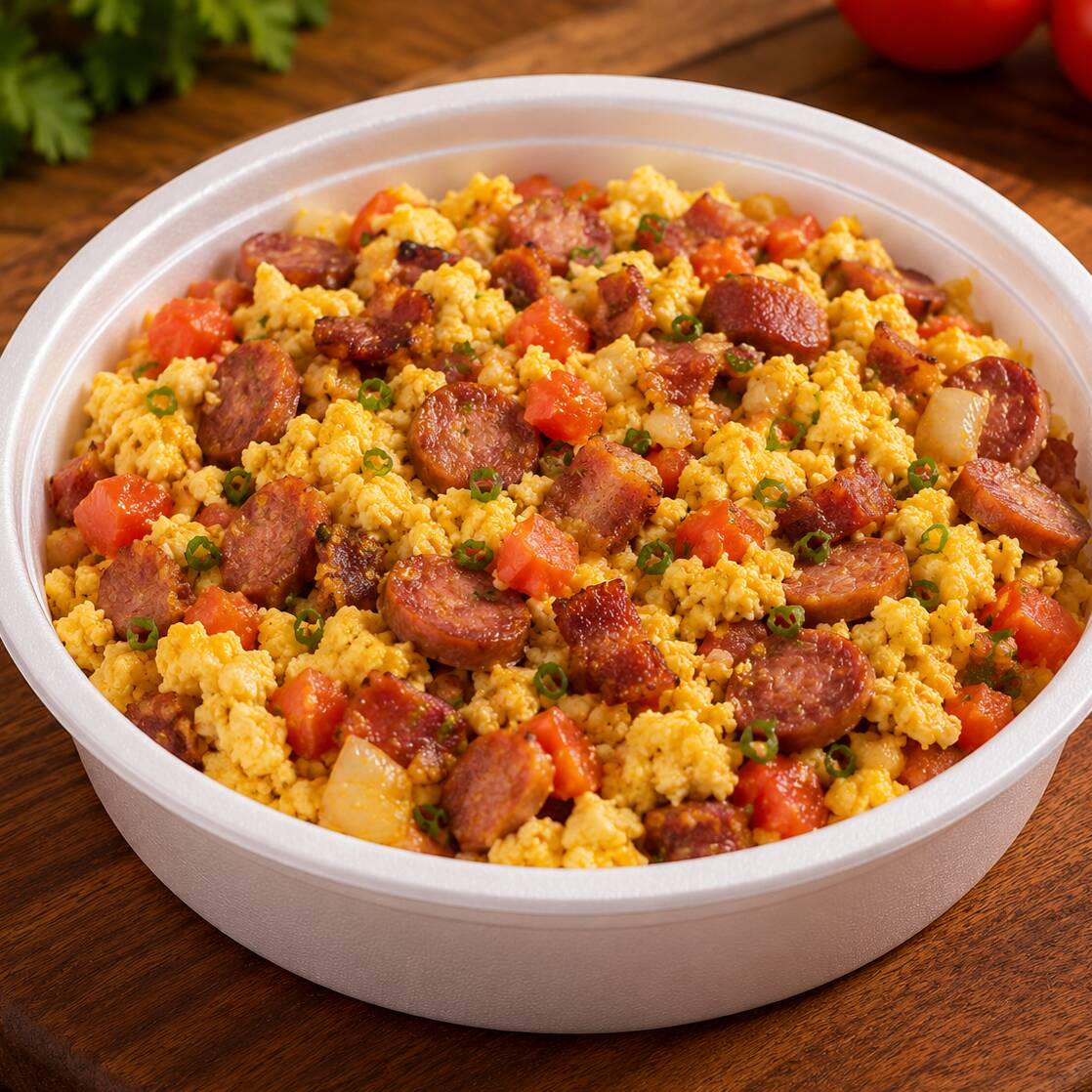 Cuscuz na marmita recheado com presunto salsicha calabresa tomate cebola cheddar catupiry e para finalizar mussarela