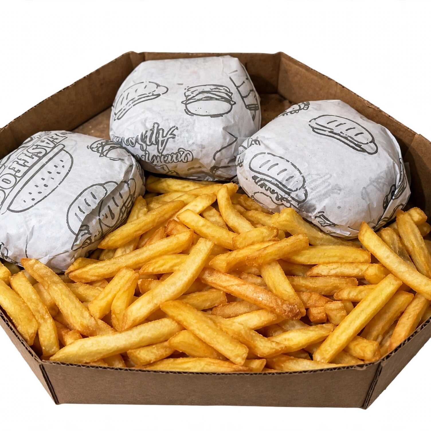 Nosso combo mais pedido! 3 X-Burgers artesanais (pão macio, blend bovino 100g, queijo cheddar, alface, tomate e maionese especial da casa) embalados individualmente + 500g de batata frita crocante e sequinha. Serve 2 a 3 pessoas