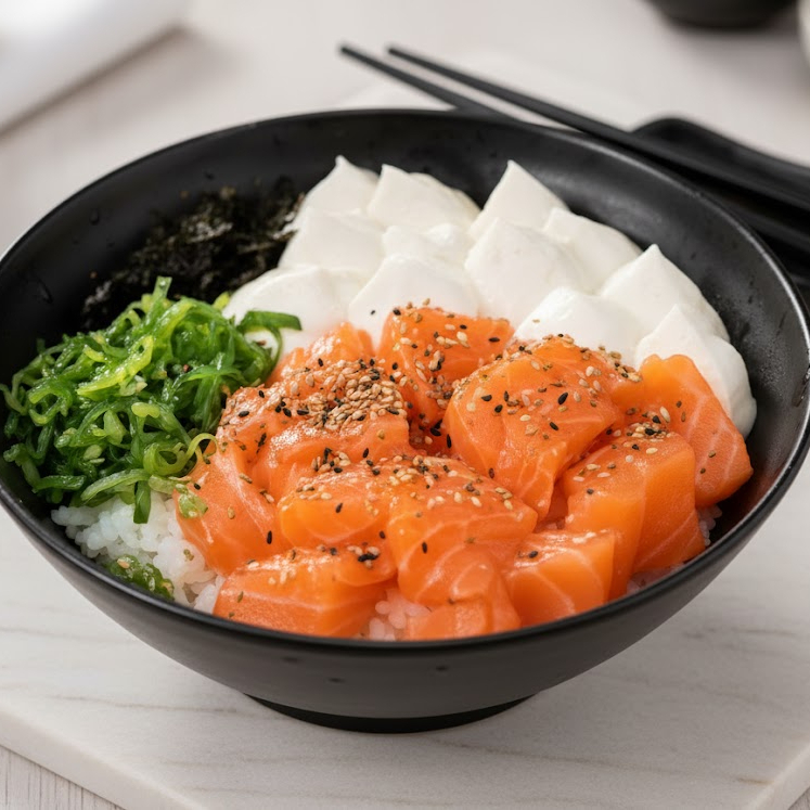 Deliciosos cubos de salmão, cream cheese, arroz temperado, molho teriyaki, cebolinha e gergelim torrado.