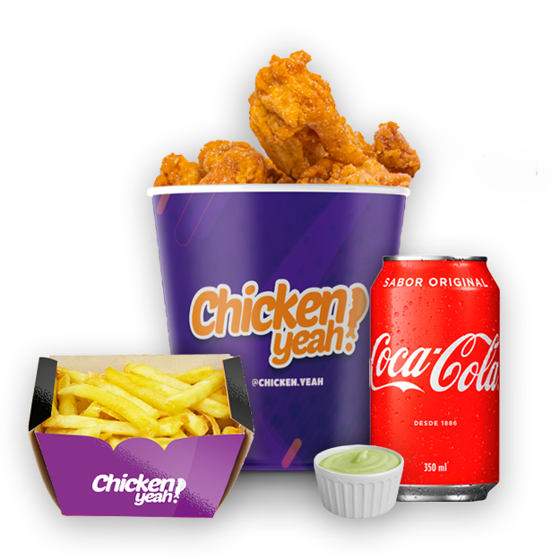 Acompanha 3 tiras de filé de peito, 2 coxinhas da asa, 1 porção à sua escolha (aprox. 300g a 400g), um refrigerante de 350ml e um molho especial de 70g do sabor que preferir.