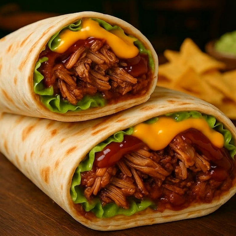 Tortilha de trigo de 30cm, levemente tostada, recheada com pernil desfiado suculento, queijo derretido, alface crocante e o toque especial do nosso molho barbecue. Um burrito gigante, saboroso e completo — perfeito pra matar a fome com muito sabor!