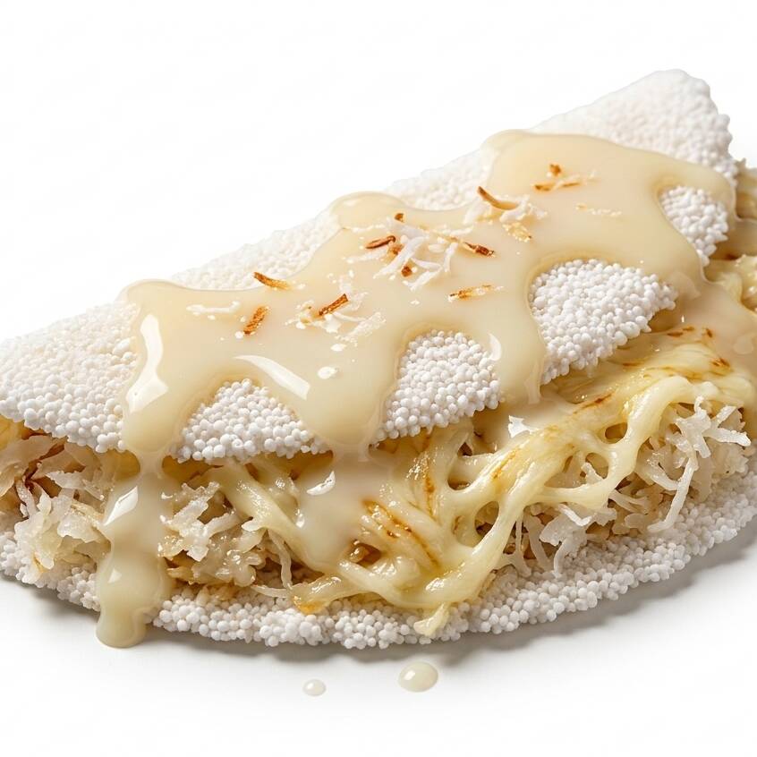 Tapioca irresistível recheada com coco fresco ralado e queijo muçarela derretido, finalizada com um toque de leite condensado.