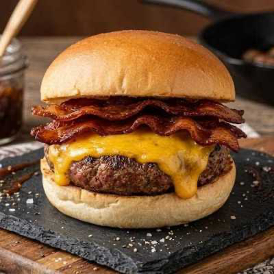 Pão macio, carne 130g na brasa, queijo derretido e bacon crocante