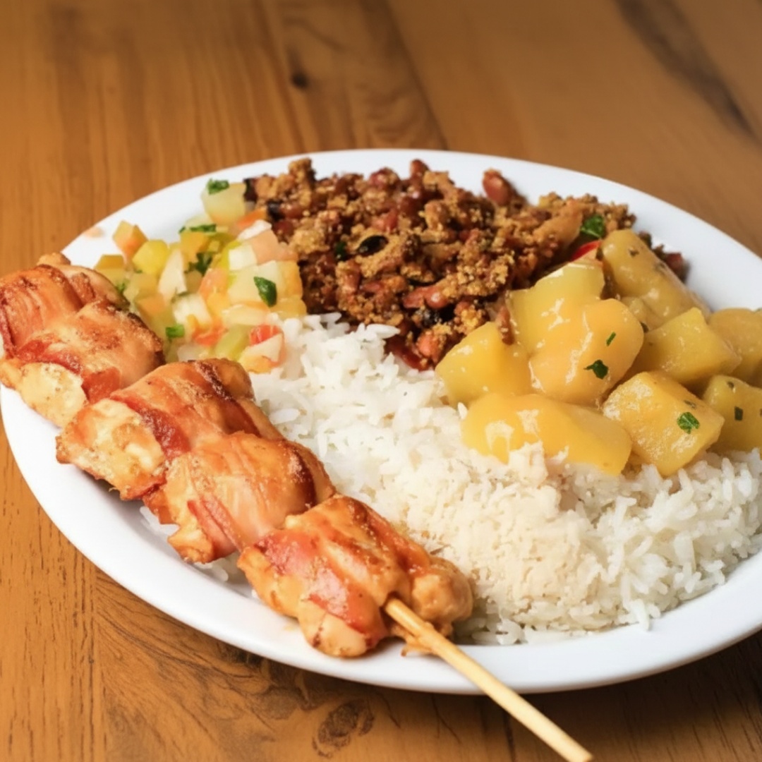 Marmita com Espetinho de frango grelhado + bacon com arroz soltinho, feijão tropeiro com banana frita, mandioca cozida e vinagrete fresco. Leve, completa e perfeita pro dia a dia. Serve 1 pessoa – Aproximadamente 650g.