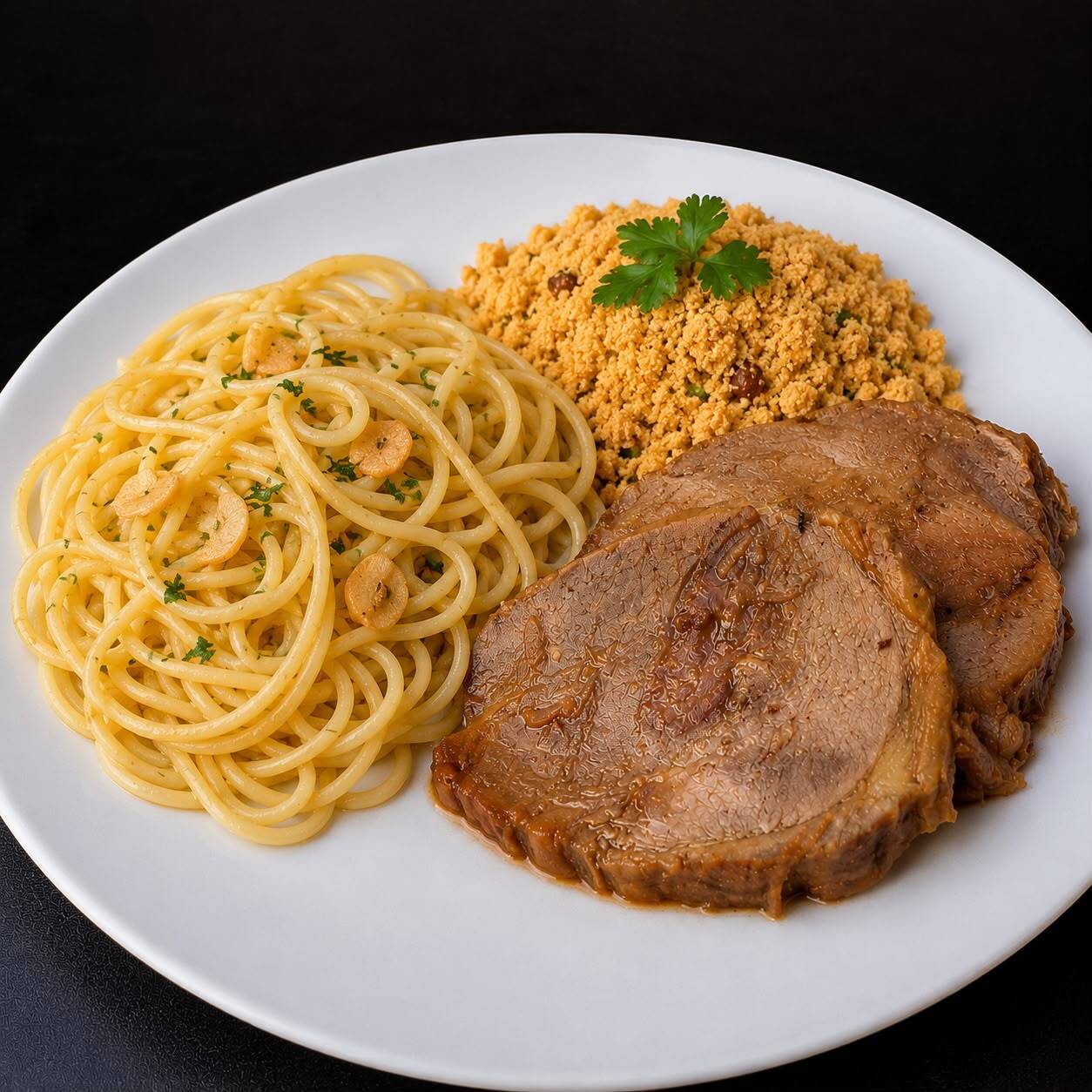 Carne assada suculenta acompanhada de macarrão bem temperado e farofa crocante. Uma combinação caseira completa e cheia de sabor.