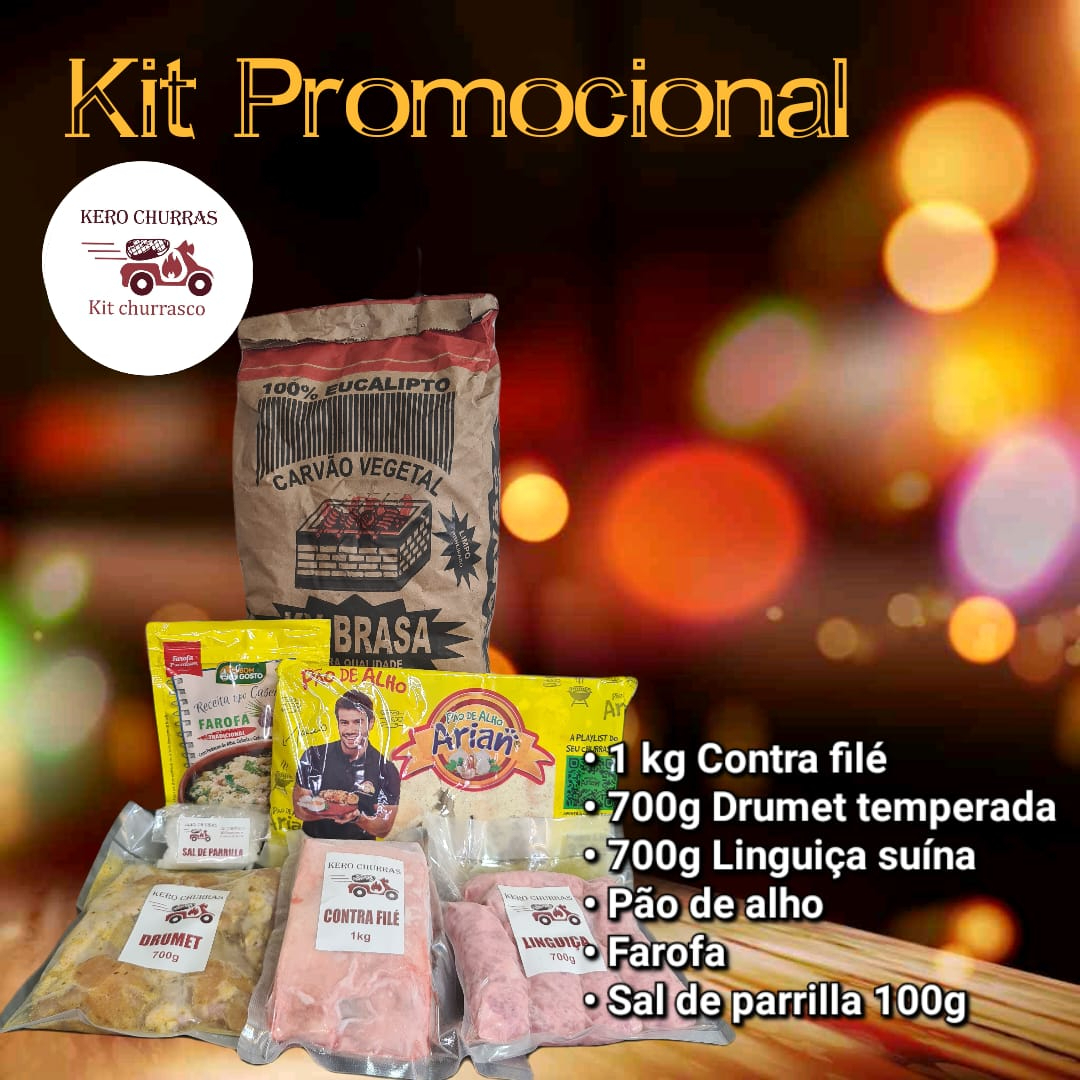 Kit para 6 pessoas. 1 kg Contra filé grill, 700g Drumet temperada, 700g Linguiça de churrasco, 1 pct de pão de alho, 1 farofa 300g. Sal de Parrilla 100g. Carvão 3 kg