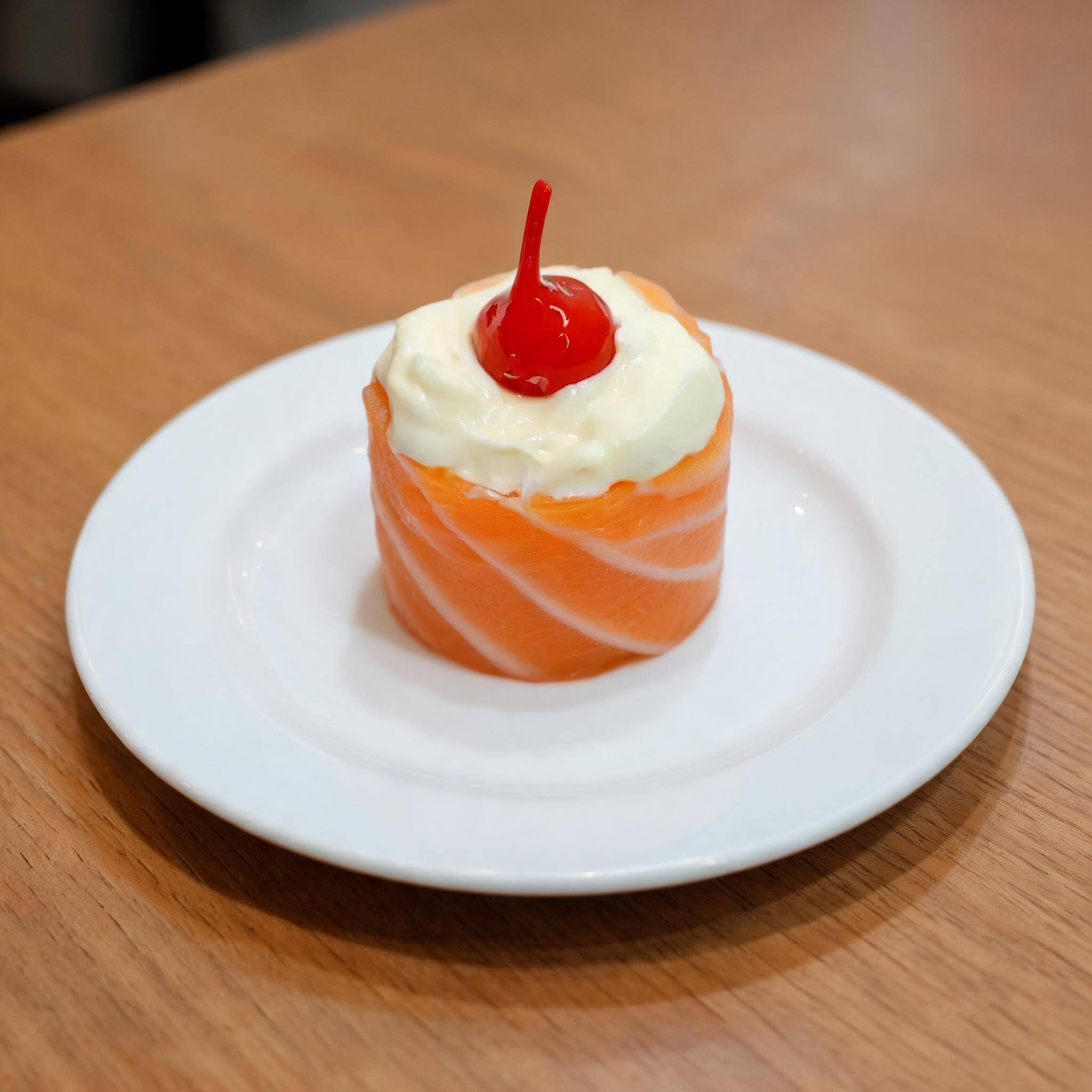 São 4 peças. O joe tem a base de arroz envolvido por uma lâmina de salmão recheado com cream cheese e pimenta biquinho por cima