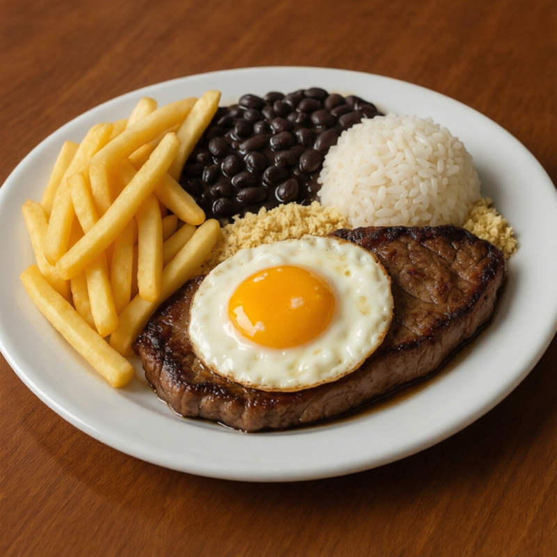 Arroz, Feijão Preto, Farofa temperada, Batata Frita, Bife Grelhado e Ovo.