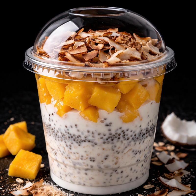 Aveia e chia hidratada no iogurte artesanal, leite de coco light, cubos de manga madura e coco seco queimado.