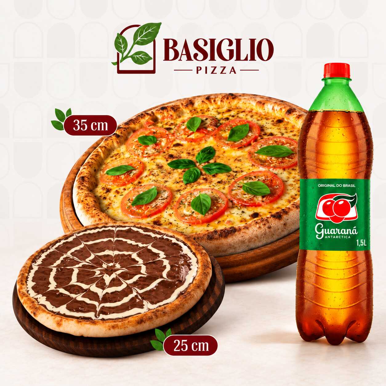 Combo Especial com 1 pizza salgada grande (35cm, 8 fatias) + 1 pizza doce pequena (25cm, 6 fatias), acompanhadas por 1 refrigerante. O combo perfeito para garantir uma sobremesa super especial!