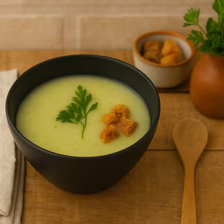 Caldo feito com batata, inhame, cenoura, cebola, alho, salsinha. Acompanuha croutons (pão francês, azeite, páprica, pimenta branca, orégano).