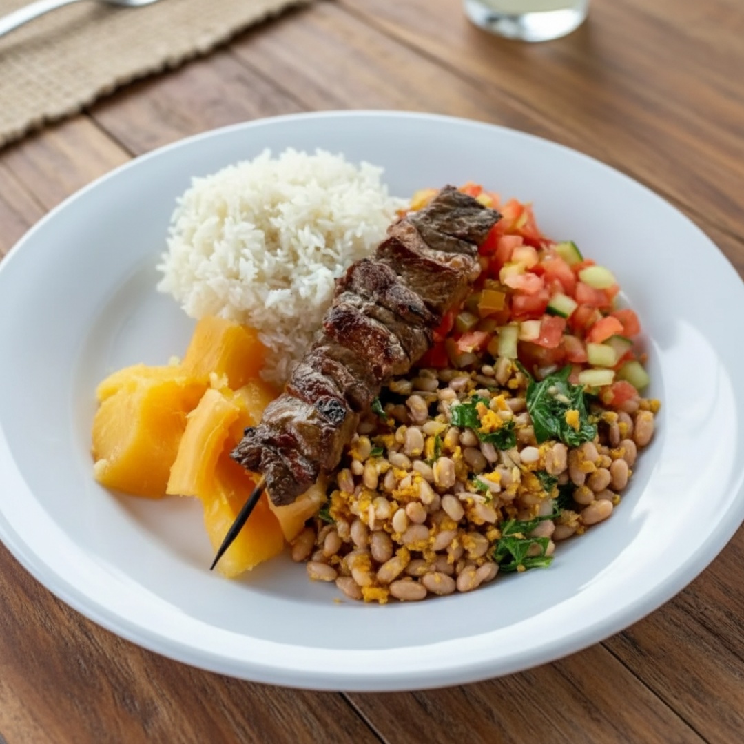 Espetinho de contra filé assado na brasa, arroz soltinho, feijão tropeiro com banana frita, mandioca cozida e vinagrete fresco. Marmitex completa e saborosa, ideal para o almoço. Serve 1 pessoa – Aproximadamente 600g.