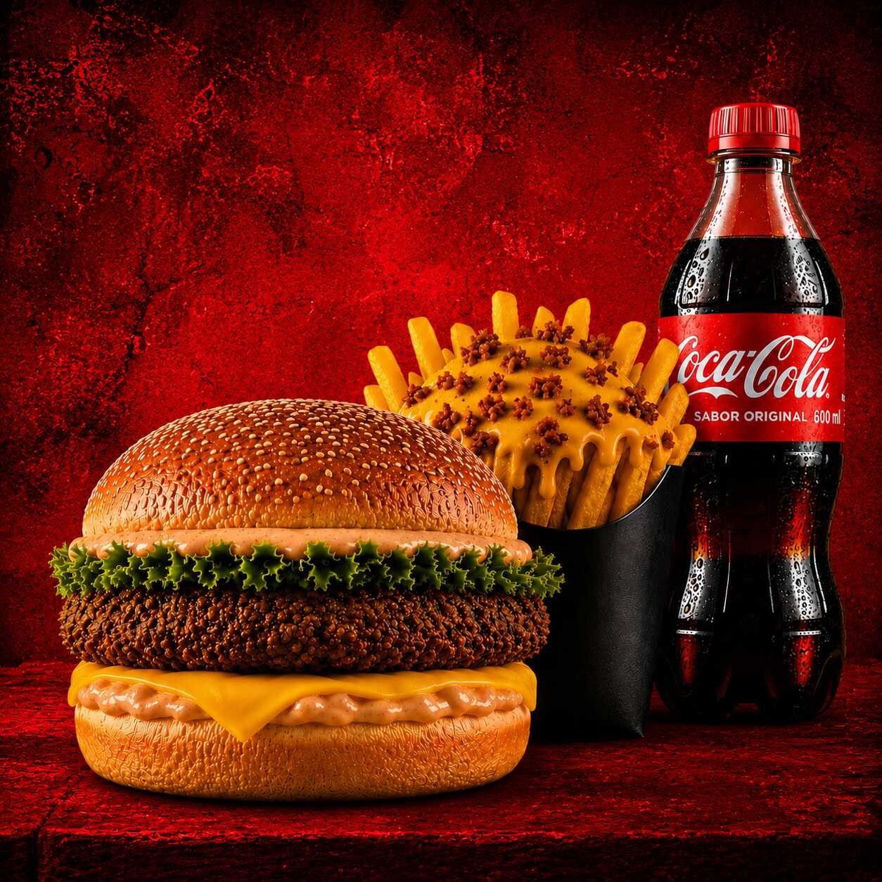 1 Express Empanado (pão gergelim, carne empanada 100% fraldinha, maionese da casa, alface e queijo.) + 1 batata c/ cheddar e bacon + 1 coca 600ml