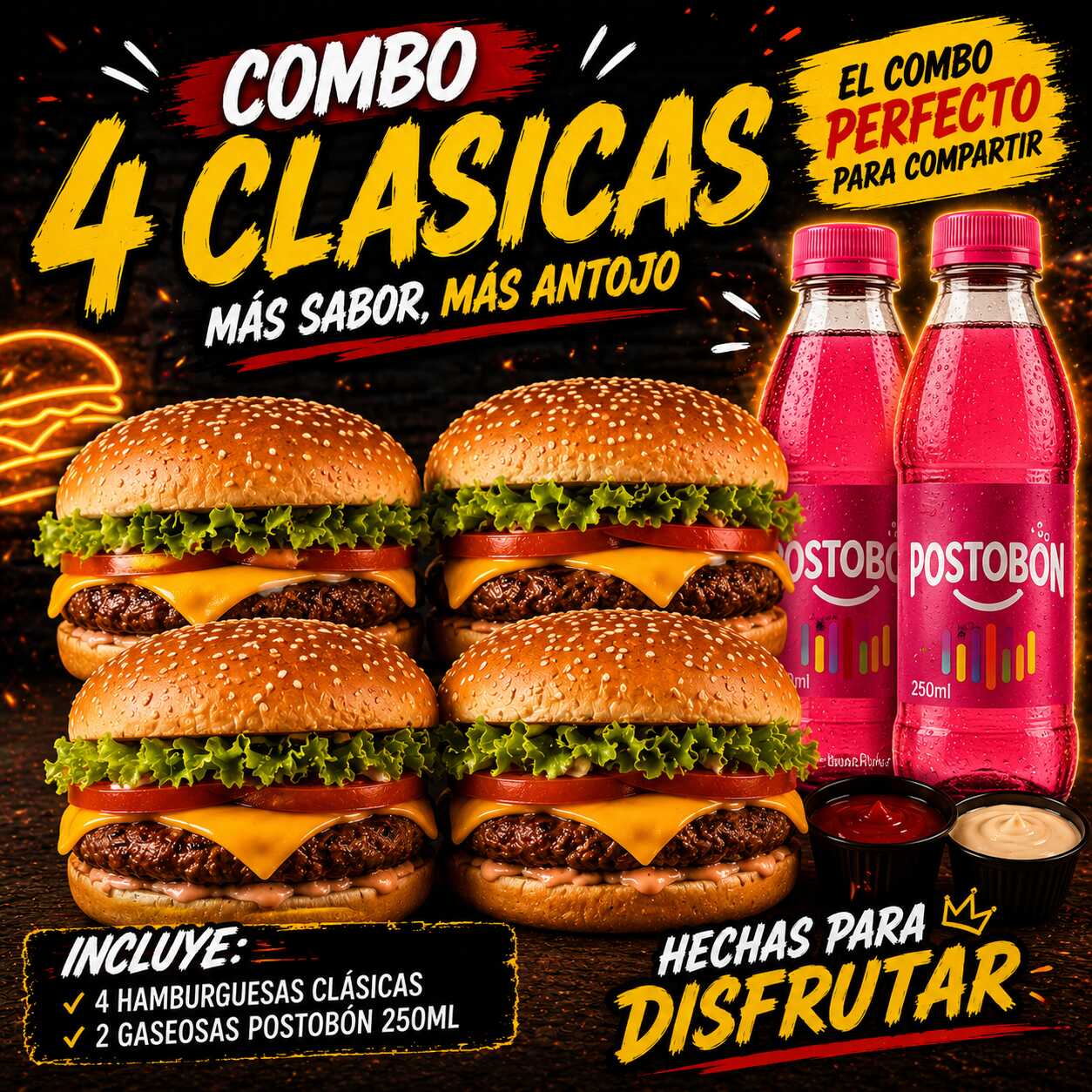 🔥COMBO 4 HAMBURGUESAS CLASICAS MAS 2 GASEOSAS🔥