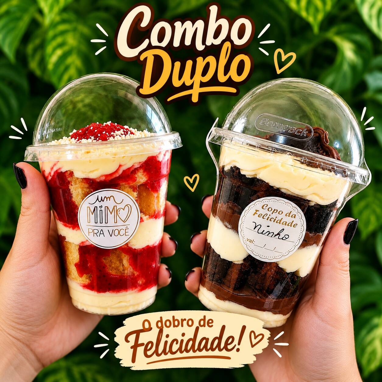 Perfeito para dividir! Dois copos da felicidade de 300ml montados com nossos melhores insumos gourmet. Escolha os seus sabores favoritos com um super desconto.