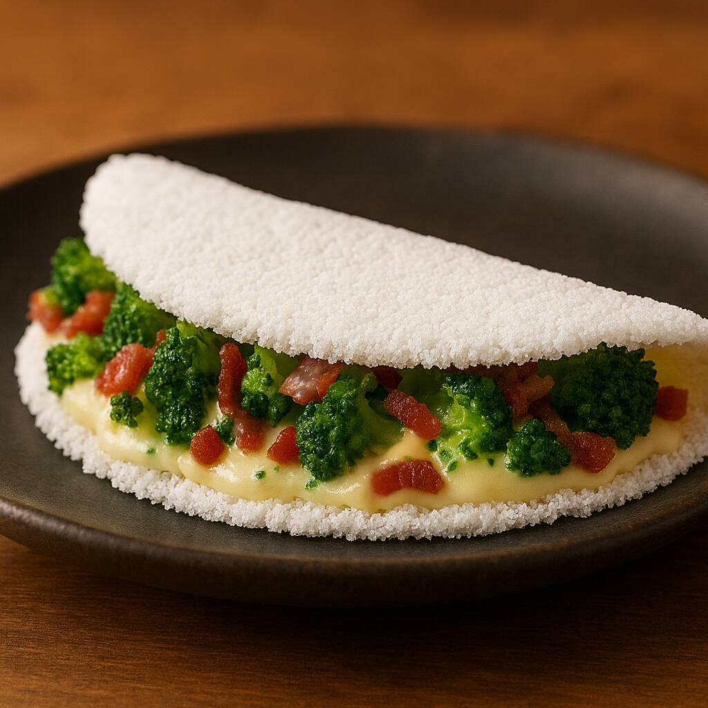 Massa de tapioca com brócolis, mussarela e bacon