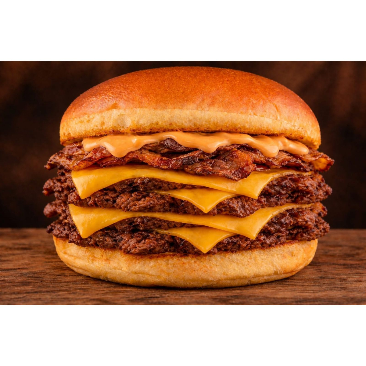 Pão brioche, 4 Smash Burger 80g cada, Queijo, bacon crocante e molho americano.