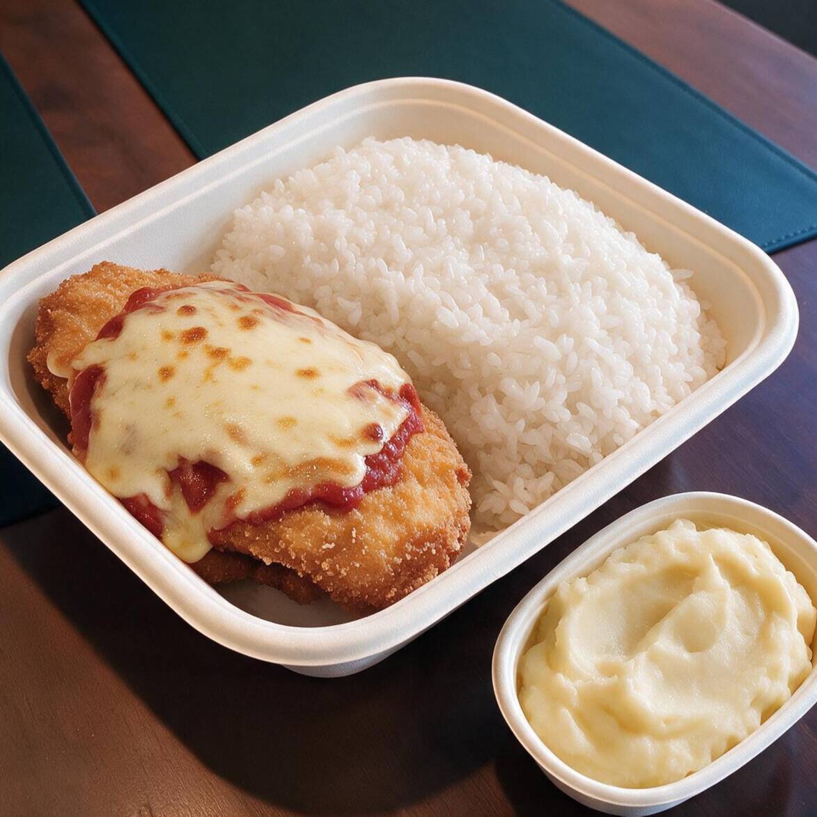 - 300 g de Arroz branco cozido - 200 g de purê de batata - 120 g de filé de frango temperado