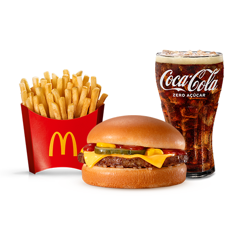 Um hamburguer (100% carne bovina), queijo sabor cheddar, cebola, picles, ketchup, mostarda e pão sem gergelim com acompanhamento e bebida.