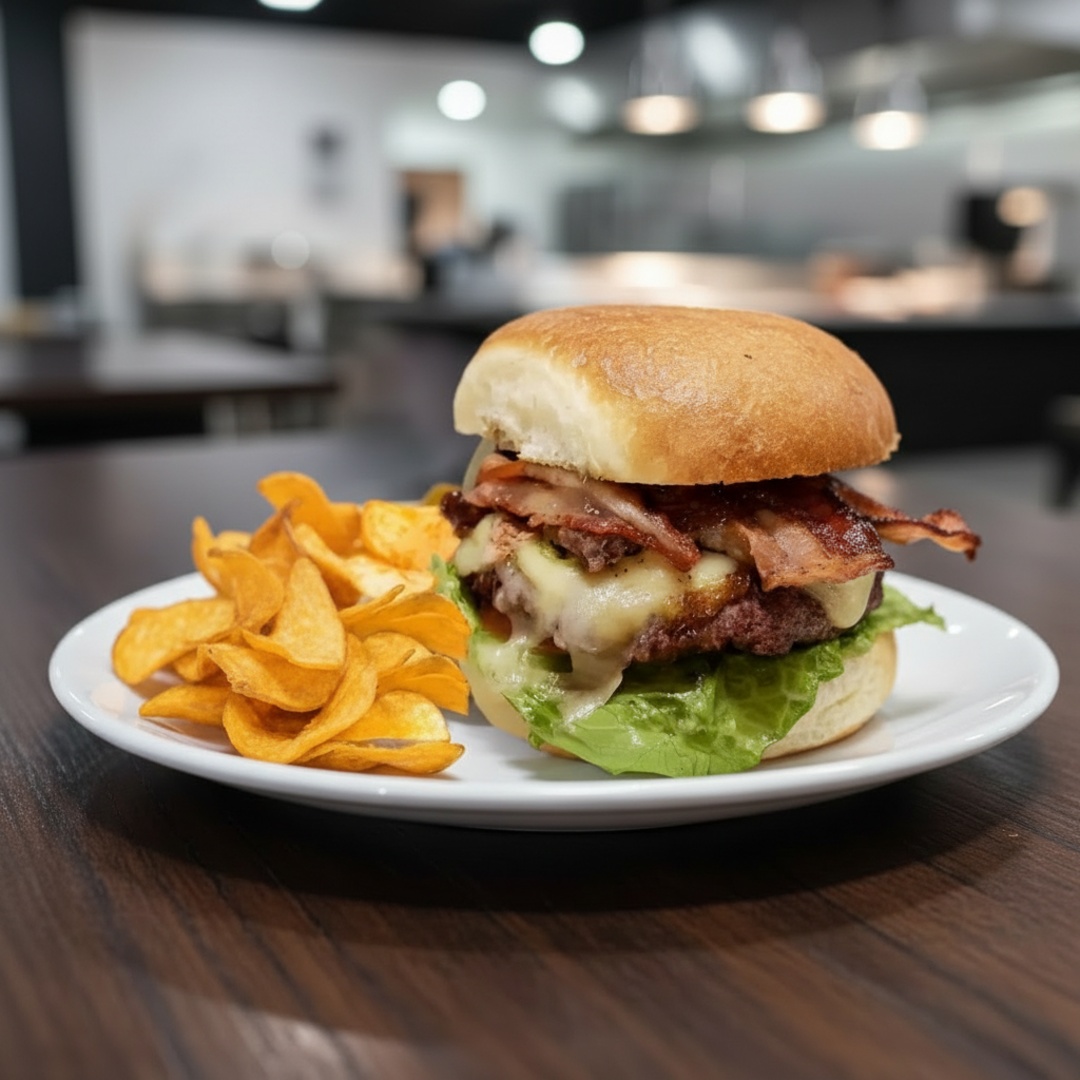 2 bifes hamburguer artesanais (100 g cada), esmagados diretamente na chapa, queijo, bacon, alface, tomate e molho especial. Acompanha batatas Chips.
