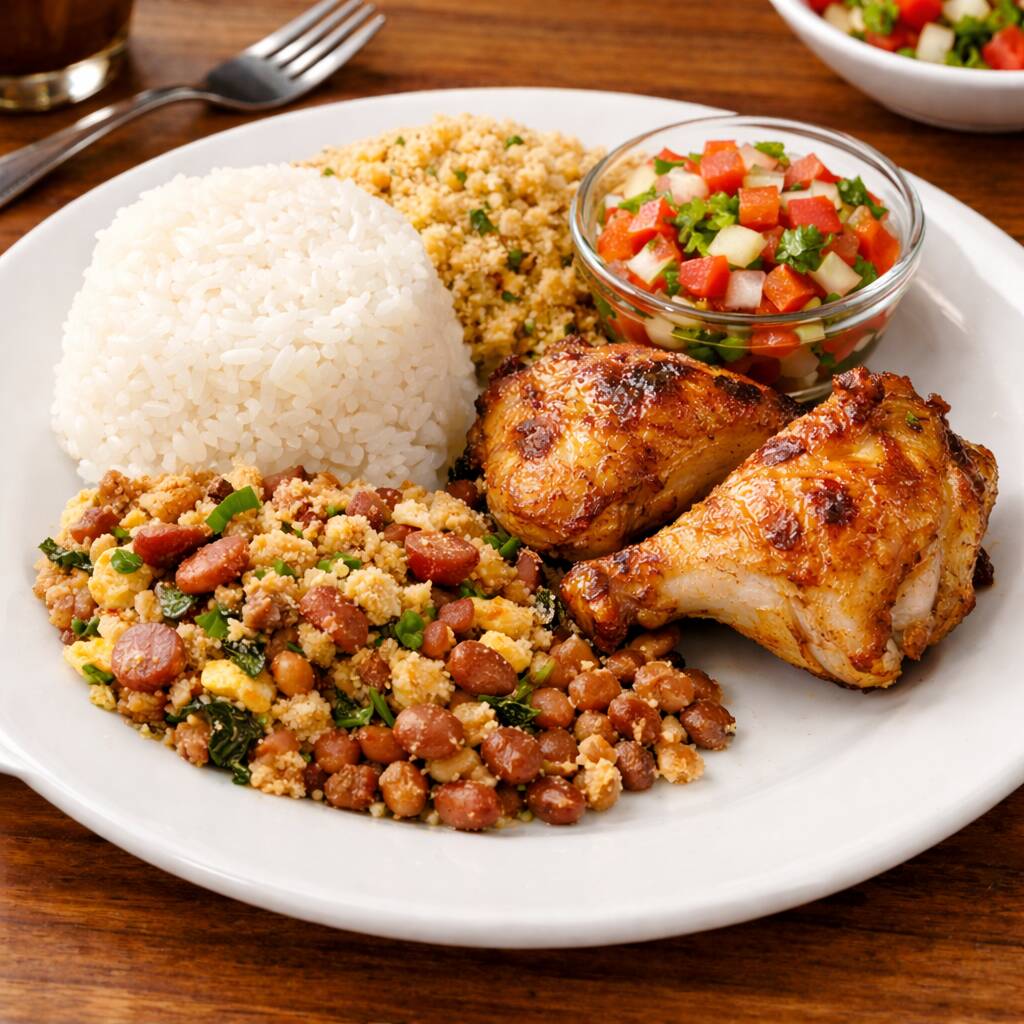 Prato executivo, arroz, feijão tropeiro, 2 pedaços de galeto, farofa e vinagrete.