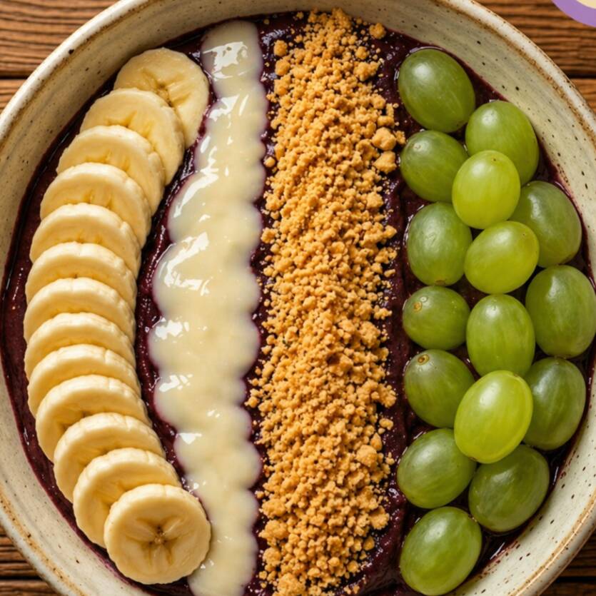 Bowl 550ml Tamanho Grande. Açaí cremoso com banana, uvas verdes, Paçoquita® original (a melhor paçoquinha do mercado) e finalizado com leite condensado, criando uma combinação perfeita entre o doce, o crocante e o tropical. Sabor marcante, textura envolvente e simplesmente viciante.