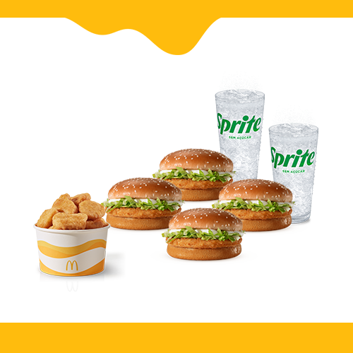 Ótima opção para você compartilhar com quem preferir #Méquinosofá. Nesta promoção você leva, 4 (quatro) Chicken Junior, 15 (quinze) Chicken McNuggets e 2 (duas) Bebidas. IMAGEM MERAMENTE ILUSTRATIVA.