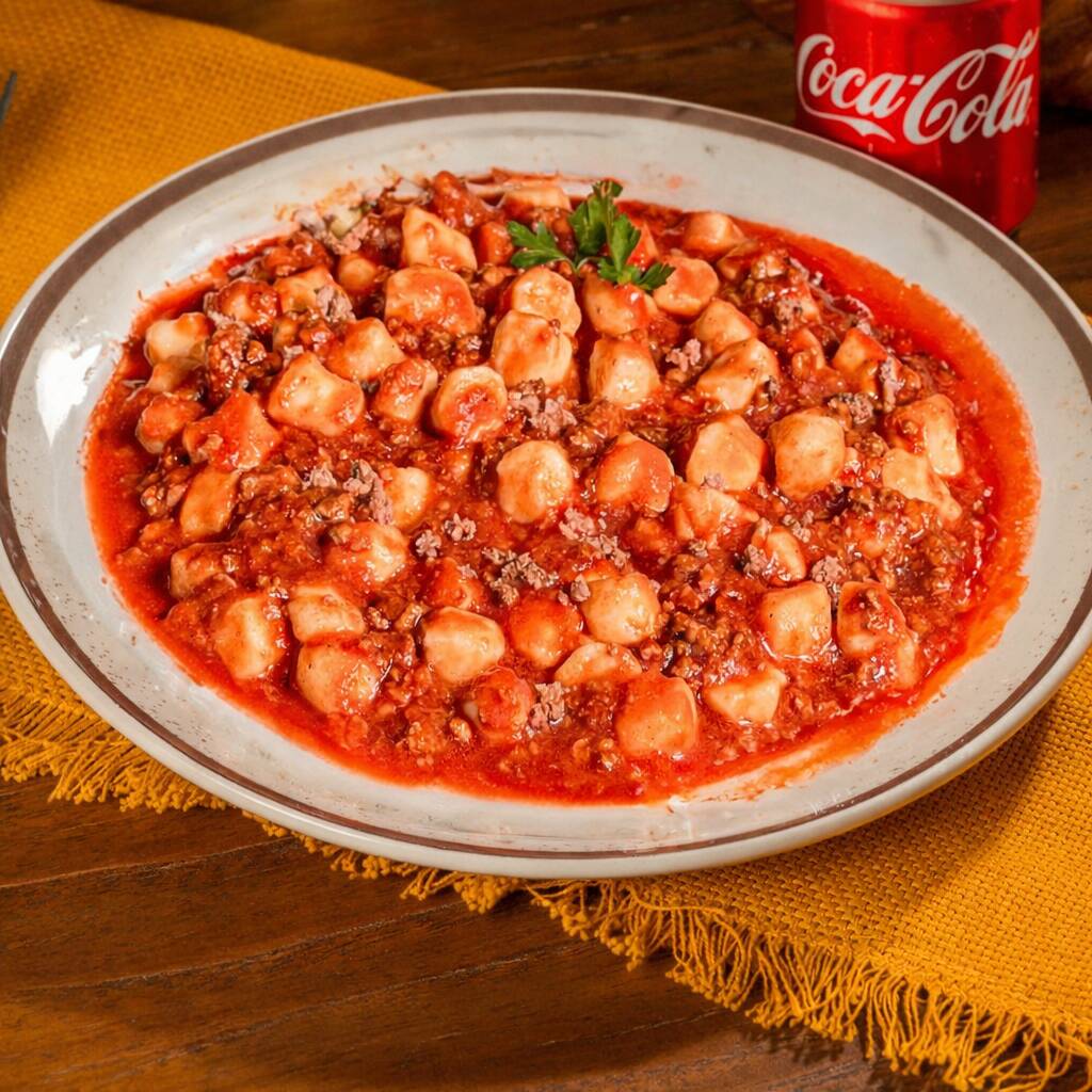 01 pote Médio de Nhoque de batata com molho bolonhesa feito com carne moída e tomate. Acompanha 01 Coca-Cola 350ml.