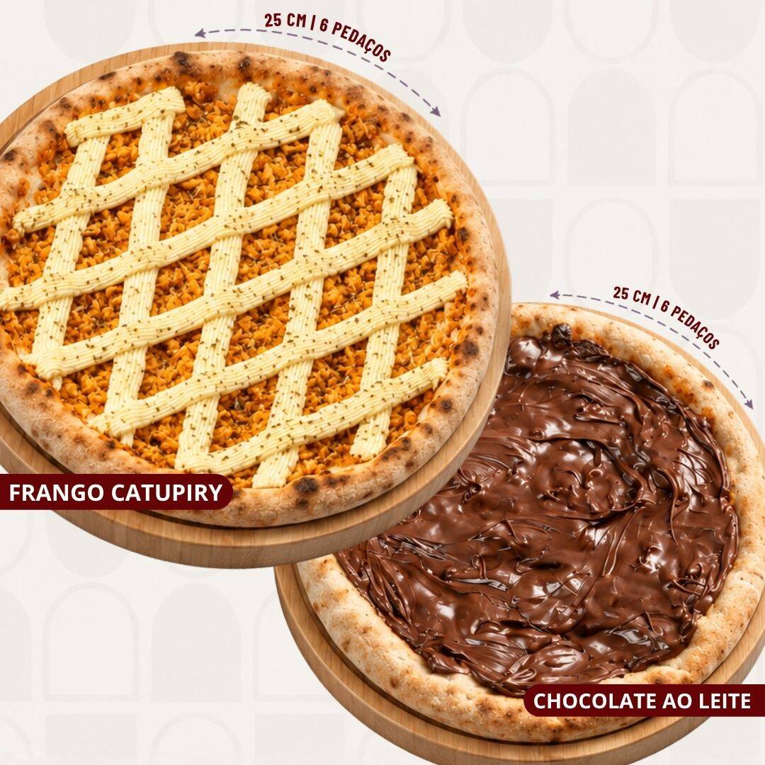 Dupla imbatível de pizzas pequenas (25cm, 6 fatias cada) com desconto especial! 1 pizza salgada no seu sabor predileto + 1 pizza doce para garantir sobremesa.