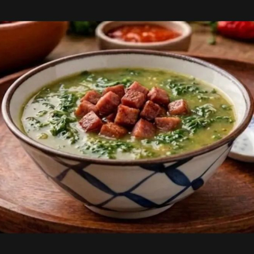 Caldo de Calabresa, batata e couve. Deliciosamente temperado com alho, cebola e nossos temperos especiais. Acompanha torradas, molho de pimenta caseiro, queijo ralado e Cheiro Verde (Coentro e Cebolinha). Aprox: 500g
