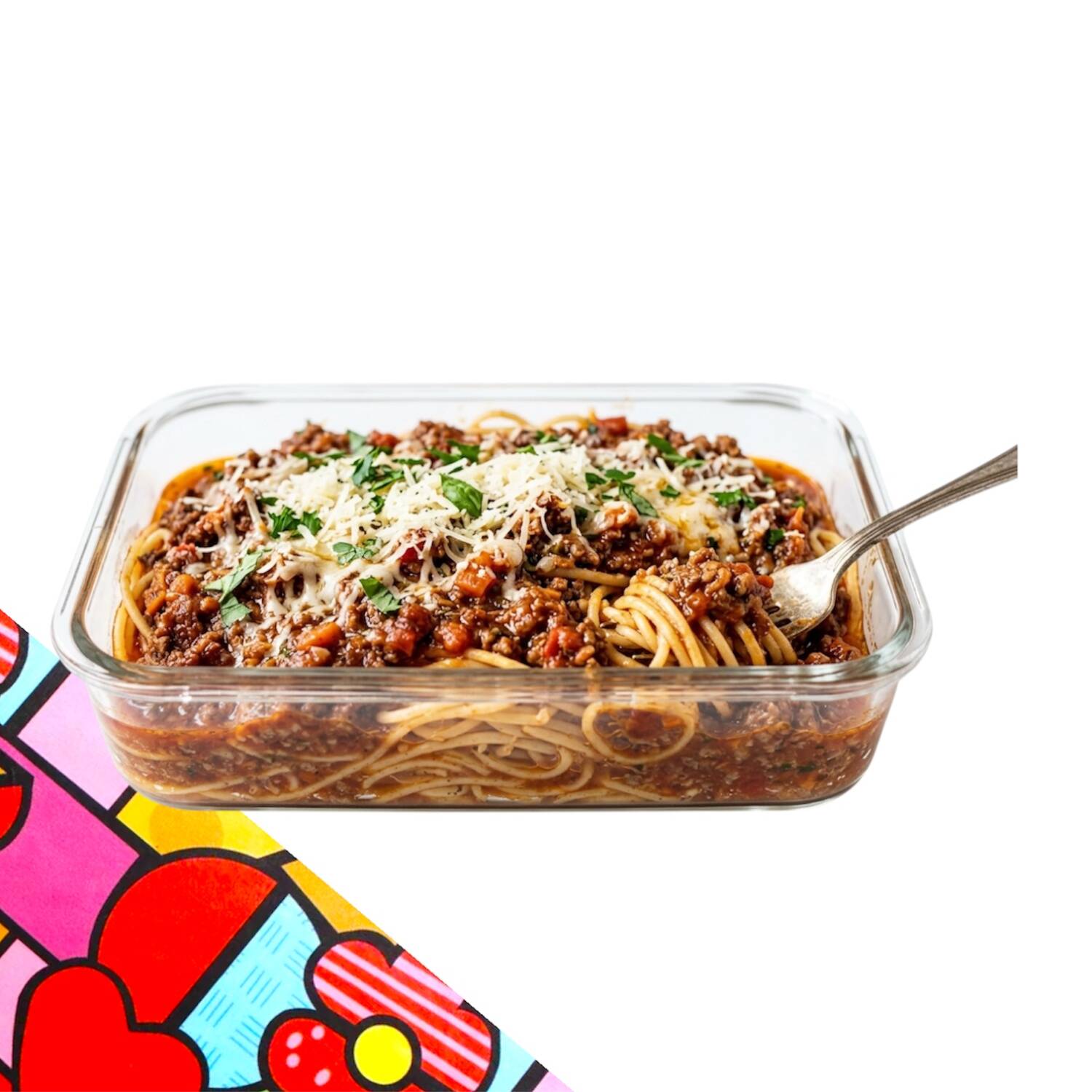Comida que não precisa de filtro, só de fome! Se estiver ruim, a gente nem manda. (Spoiler: a gente sempre manda incrível): Macarrão espaguete refogado na manteiga temperada, com molho vermelho de carne moída, finalizado com queijo ralado. Servido no potinho retangular transparente de 400ml.