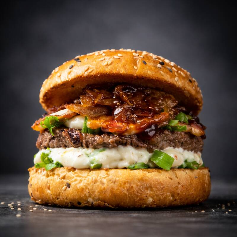 Pão de brioche, maionese Hellmann's, molho Tasty, dois hambúrgueres artesanais de 120g cada, bem suculentos, acompanhado de tiras de bacon crocante, muito queijo cream cheese para deixar tudo ainda mais cremoso, cebola caramelizada, cebolinha verde picada e o molho barbecue. Fq$&%#. Krusty é uma verdadeira obra-prima!