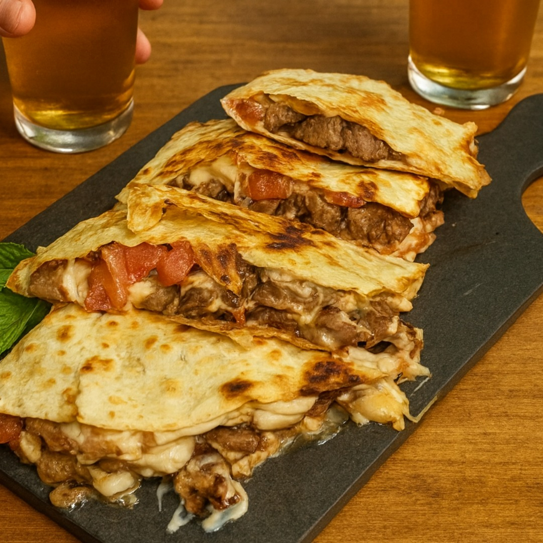 Contra-filé em cubos cebola, tomate em cubos, catupiry e queijo.