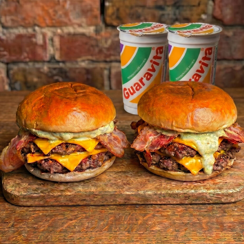 Dois dos nossos duplo cheddar onde cada burguer acompanha 02 carnes de 90g, fatias de queijo cheddar e pedaços de bacon com nossa maravilhosa maionese verde da casa + 02 guaravitas.
