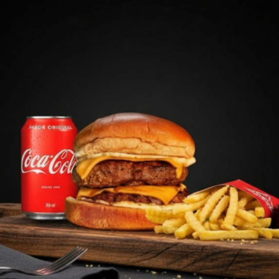 Lanche, Batata, Refrigerante 350ml. Foto Ilustrativa.