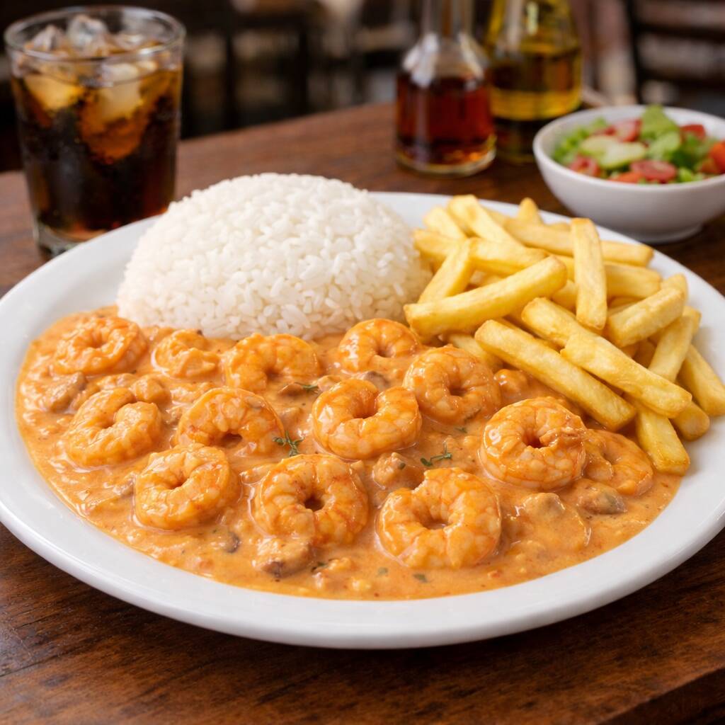 Acompanha arroz e batata frita
