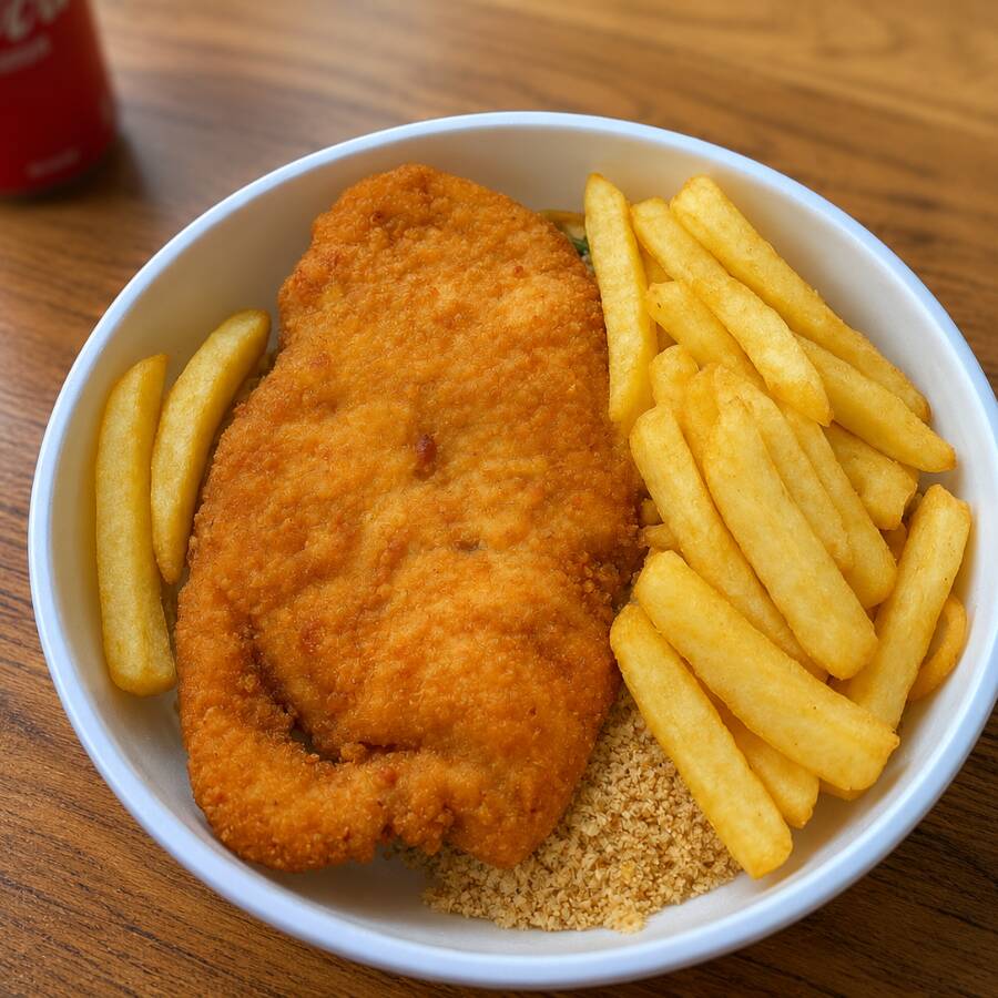 Filé de frango empanado, você monta sua marmita escolhendo 4 guarnições: batata frita, arroz, feijão, macarrão, farofa ou salada de legumes. Marmitex caprichada, comida brasileira caseira de verdade, feita na hora pra matar sua fome. PF completo perfeito pro seu almoço bom e barato com entrega grátis!