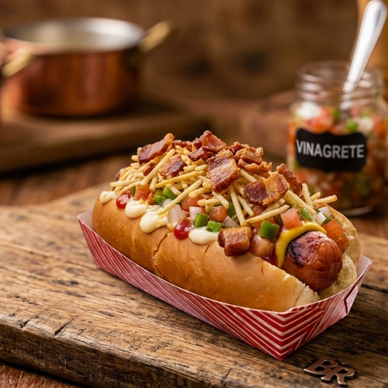 Pão de hot dog, 1 salsicha, maionese, cat chup, mostarda, vinagrete, bacon e batata palha
