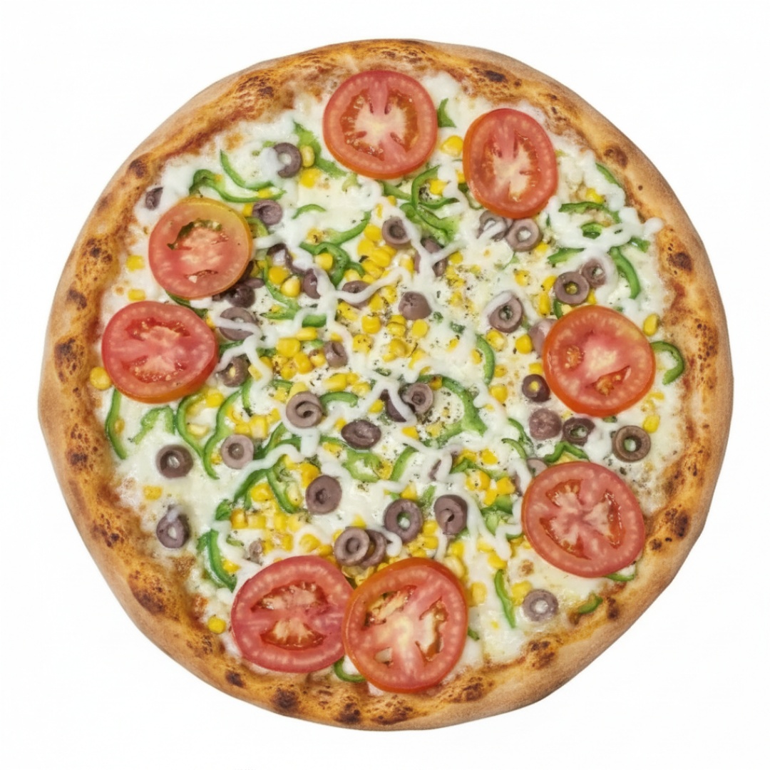 Mussarela, pimentão, cebola, tomate, milho, champignon, azeitona preta e Catupiry