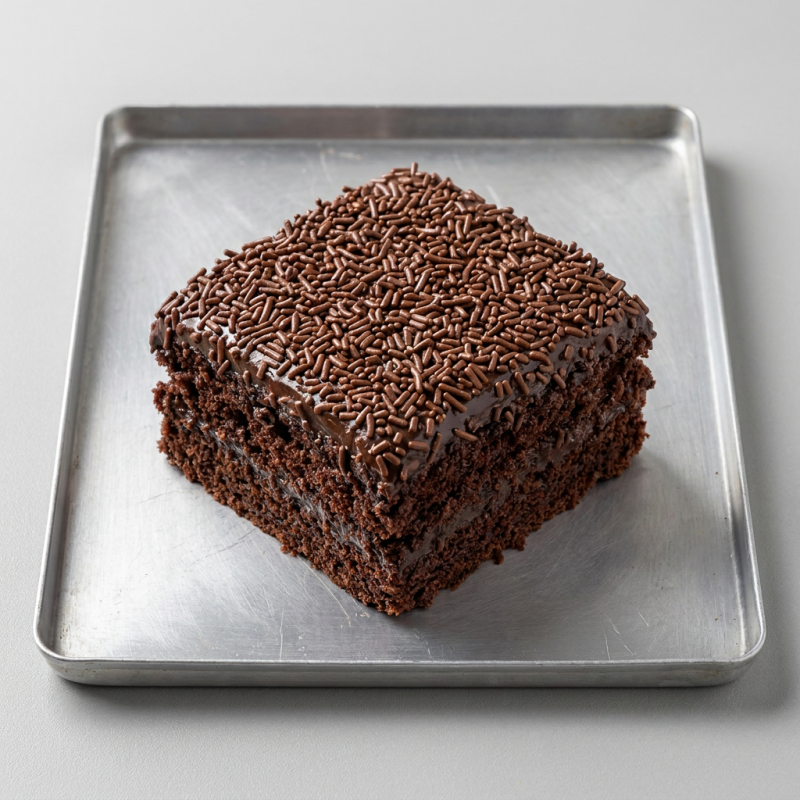 Bolo de chocolate c/ cobertura e recheio chocolate preto.
Pedaço considerável.