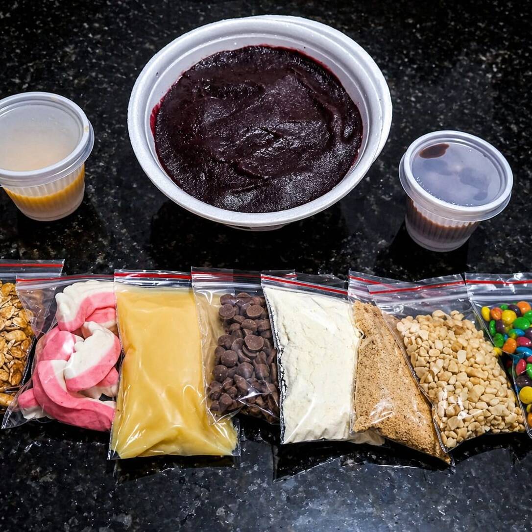 O mais pedido: Um açaí cremoso com 500ml, com o verdadeiro sabor da fruta. Você pode escolher até 4 Acompanhamento! Todos Os Acompanhamentos São Entregues Separadamente!