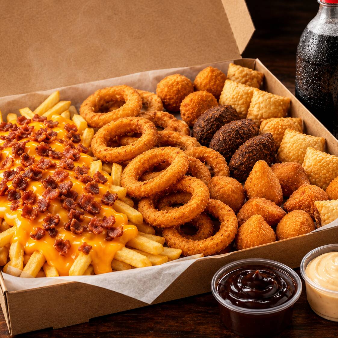 400g batata com cheddar e bacon, 200g anéis de cebola, 20 salgados sortidos, 1 molho, Coca-Cola 1L.