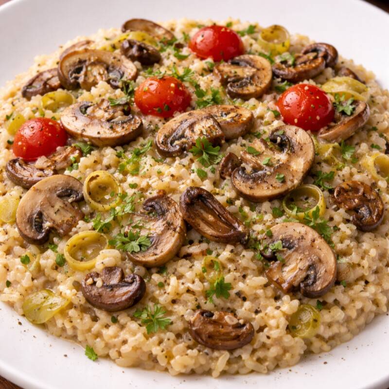 Arroz arbóreo com cogumelos frescos selecionados, alho poró e tomate cereja. Finalizados com azeite de trufa e ervas.