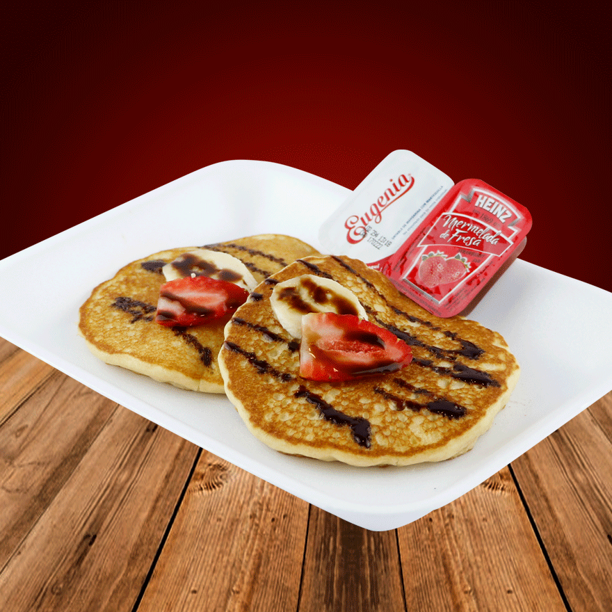 Hot Cakes con Fruta 2 Pz Miel de Maple
