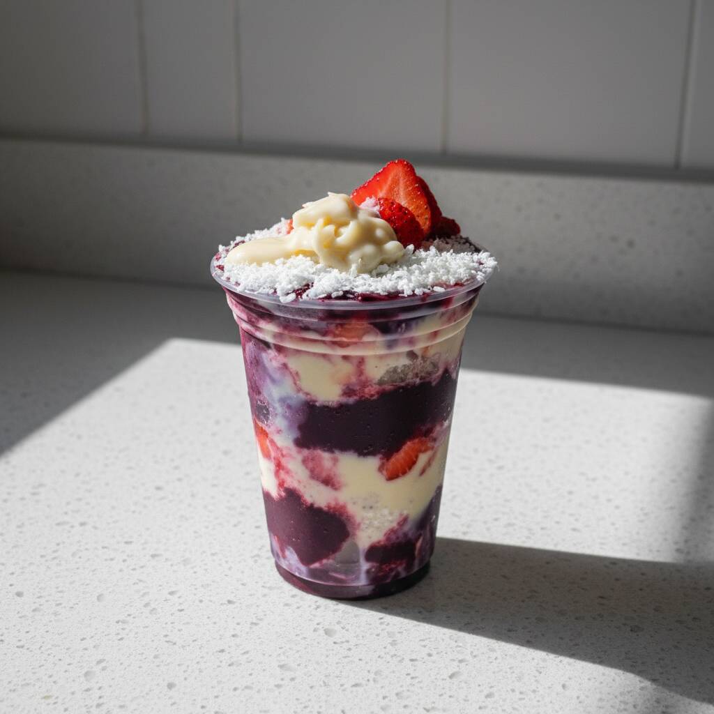 Uma combinação refrescante e cheia de sabor! São 500ml de açaí cremoso, acompanhados de coco ralado, morangos frescos e uma deliciosa camada de mousse de limão, criando o equilíbrio perfeito entre o doce, o cítrico e a cremosidade. Uma experiência irresistível para qualquer momento do dia!