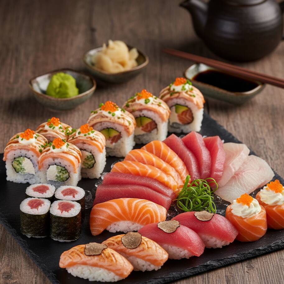 4 Filadélfias Especiais, 4 Filadélfias, 4 Sakemakis, 18 Sashimis (6 Salmão, 6 Atum, 6 Branco), 8 Niguiris (2 Salmão Trufado, 2 Atum, 4 Joes)