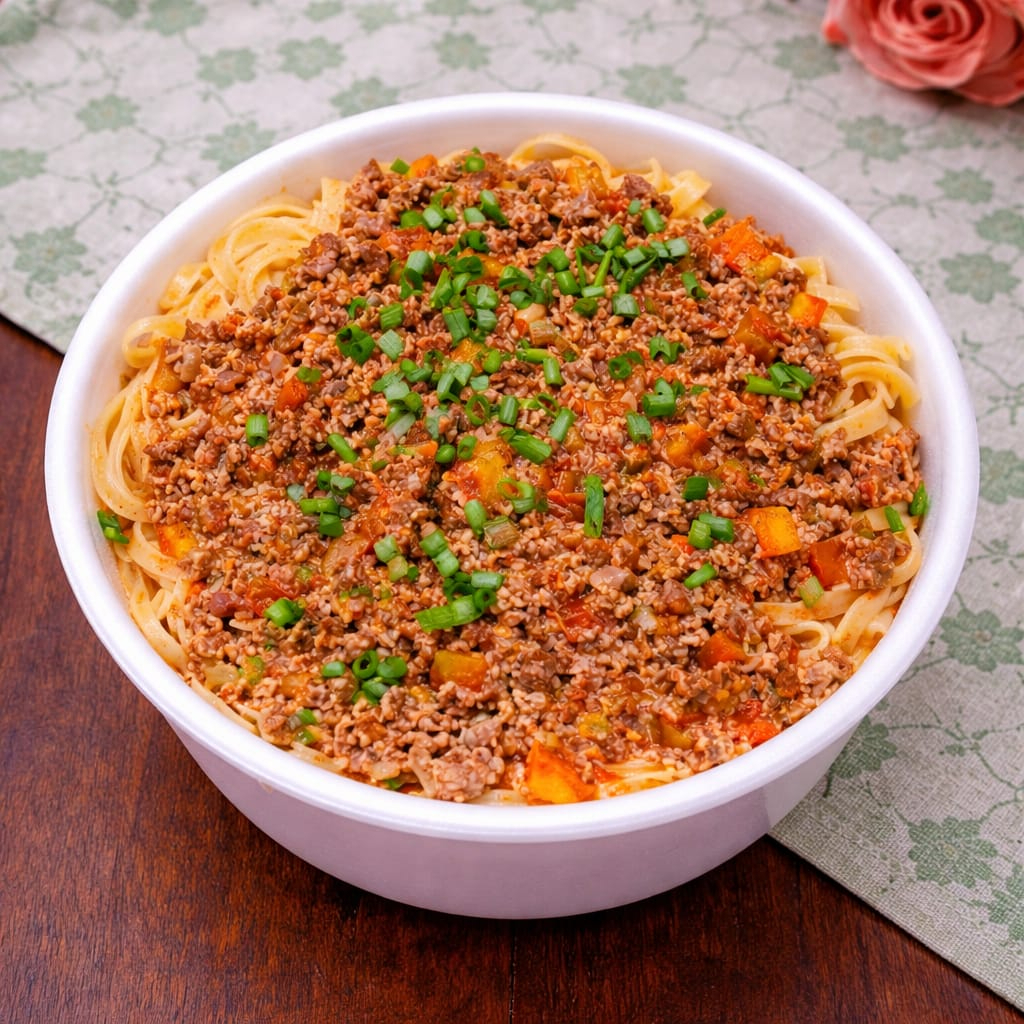 ACOMPANHA MACARRAO AO MOLHO BOLONESA, CATUPIRI, CARNE MOIDA, PEDACINHOS DE BACOM, TOMATE CEREJA,