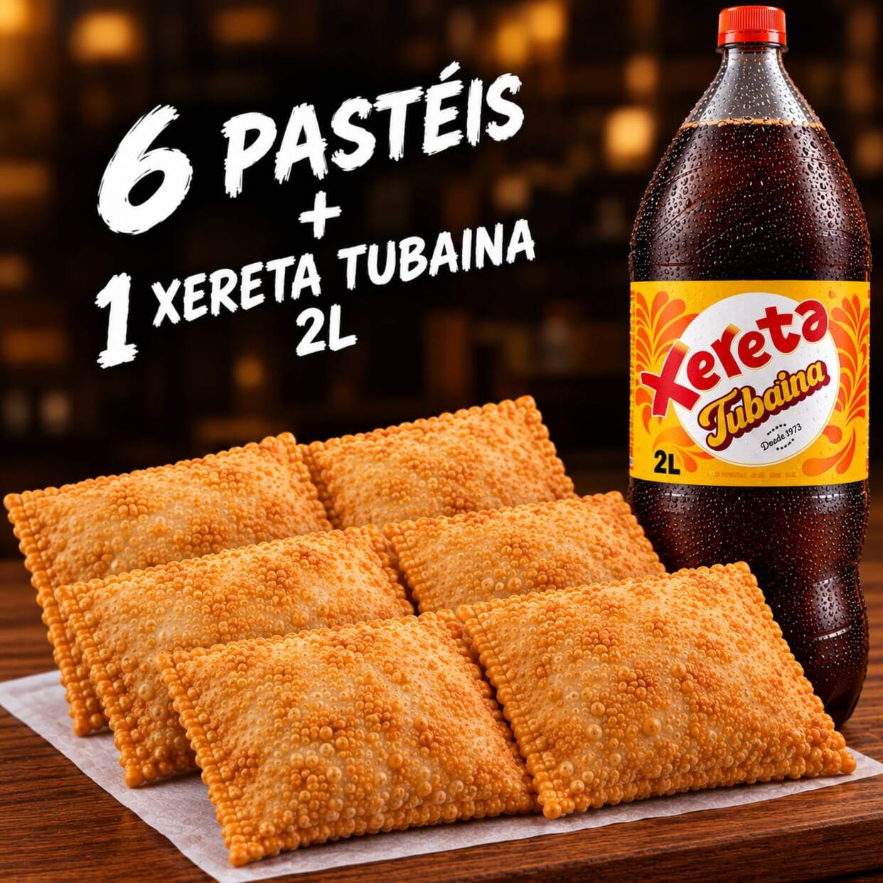 O Combo Galera é ideal para partilhar: inclui 6 pastéis artesanais à sua escolha fritos na hora, estaladiços, douradinhos e super recheados acompanhados por 1 Tubaína Xerete de 2l bem fresca